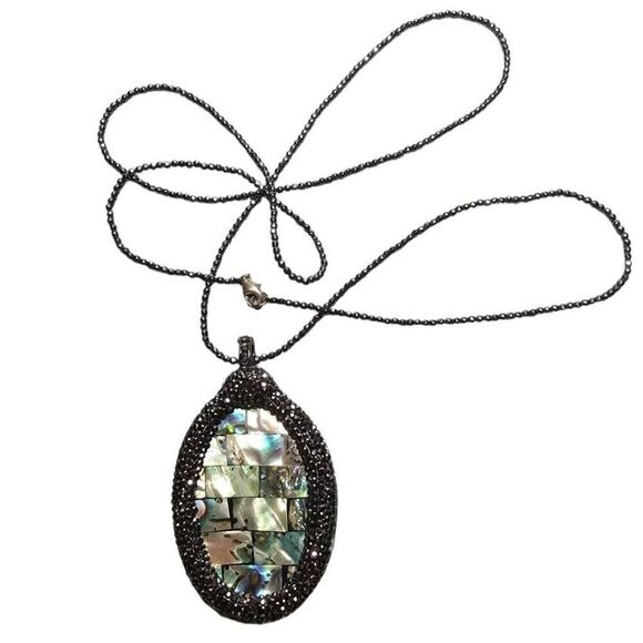 Abalone Shell and Pave Drop Pendant Necklace 16" - Picture 1 of 4
